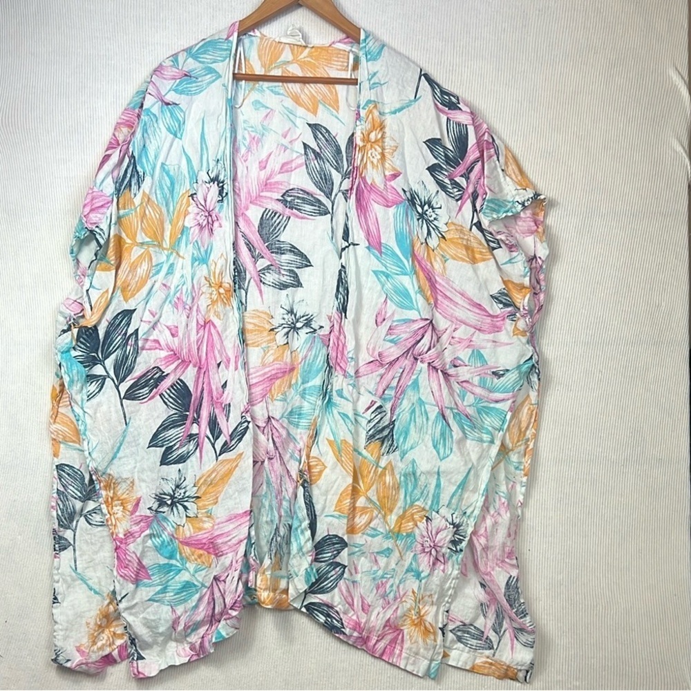 C&C California 100% Linen Kimono Kaftan Coverup Tropical Print Top OS One Size